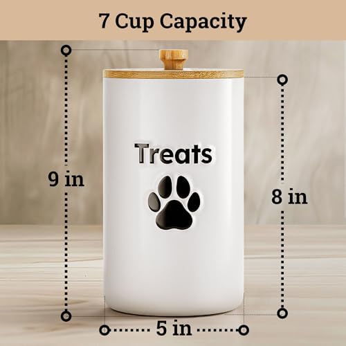 Ceramic Dog Treat Container Airtight with Bamboo Lid, 5"W x 9"H, 7 Cups