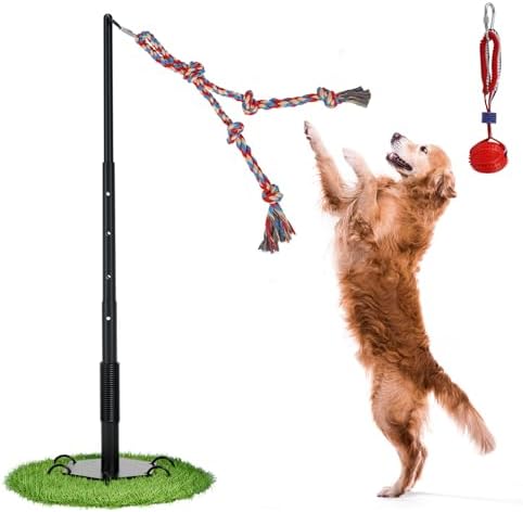 Outdoor Tug of War Dog Toy, Tether Interactive Dog Tug Toy Backyard Heavy-Duty Dog Solo Play Exercise Toy for Large Medium Dogs, Height Adjustable, 2 Rope Toys