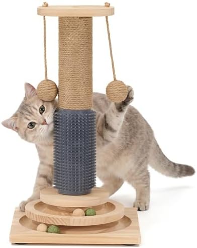 4-in-1 Solid Wood Cat Scratching Post with Self-Groomer, Medium Size