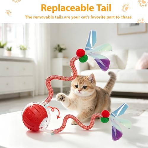 Interactive Cat Toys Ball for Indoor Cats, Automatic Self-Rolling, Motion-Activated, Bird Chirping Cats Dogs Ball Toy with Elastic Mesh Tail, Cat Enrichment Toys for Indoor Cats (Red)