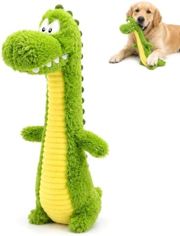 Squeaky Dog Plush Chew Toy, Interactive Tug Squeaky Toy for Chewers, Medium & Large Dogs & Fetch Play, 18.5 In Stuffed Long-Neck Crocodile Toy with Soft Plush Body for Gentle Gum Care & Boredom Relief