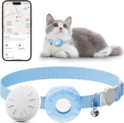 Cat Tracker,Breakaway Tracking Pet Collar with Finder Tag and Tracker Holder,No Monthly Fee,Compatible with Apple Find My (iOS Only), Reflective Strip Design with Bell(Blue)
