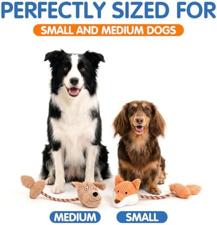 Squeaky Dog Rope Toys 2 Pack, Interactive Dog & Fox Design Plush Tug of War Toys with Dual Squeaker, Durable Cotton Chew Toys for Small Medium Dogs, Teething & Boredom Relief
