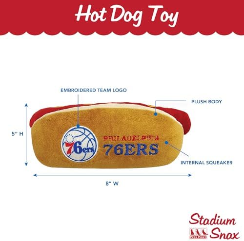 Pets First NBA Philadelphia 76ers HOT Dog Plush Dog & CAT Squeak Toy - Cutest HOT-Dog Snack Plush Toy for Dogs & Cats with Inner Squeaker & Beautiful Basketball Team Name/Logo