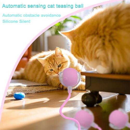 Interactive Cat Dog Toy Ball: Indoor Automatic Moving Smart Rolling Fun Pet Game with Led Light and Tail for Motion Activated, Kitten Puppy Present, Chase Exercise, Hunting Simulation-Upgrade (Pink)