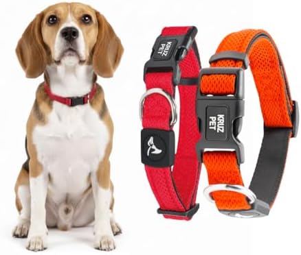 Dog Collar Bundle for Small Dogs (Width- 3/4", Neck - 10.5"-14.5") | Athletica Adjustable Orange & Red Dog Collar | No-Choke Vest with Lightweight Reflective Air Mesh