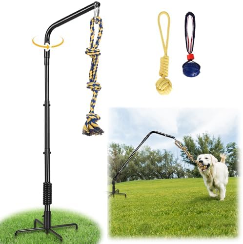HVDI Tether Dog Toy Rack with 3 Tug Rope Toys, Dog Rope Play Spring Rack and Interactive in Yard, Park, Lawn, Adjustable Height Suitable for Large, Medium, Small Dogs (55 Inches)