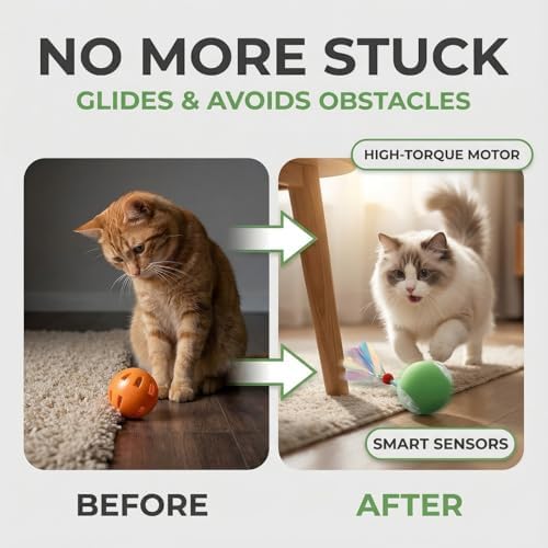 Interactive Cat Toy for Indoor Cats - Automatic Cat Toy Ball with Tail, Self Moving Electric Kitten Toys, USB Rechargeable Smart Rolling Ball, Motion Activated Cat Enrichment Toys for Bored Cats Green