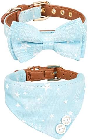 Small Dog Collar Set, 2Pcs Puppy Cat Collar with Bow Tie & Bandana, Durable PU Leather Canvas Tiny Pet Scarf for Small Breed Pets Blue Stars