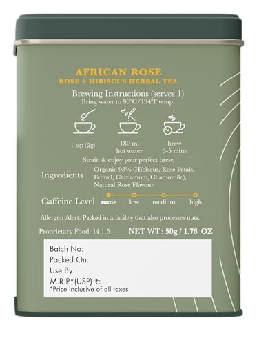 Luxmi Estates African Rose Hibiscus Tea | Loose Leaf, 50g (1.76oz, 25 Cups) | USDA Organic 8-Herb Floral Blend with Hibiscus, Rose Petals, Fennel, Cardamom, Chamomile, Star Anise & Cornflower, Caffeine-Free, Vegan