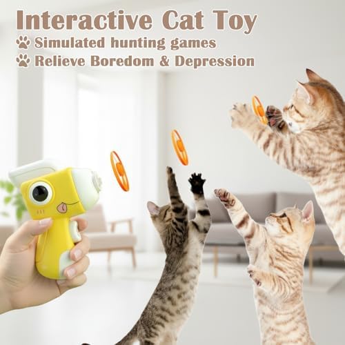 Interactive Cat Toy for Indoor Cats - Cat Fetch Toy Launcher with 8 Colorful Flying Discs, One-Press Exercise Toy for Chasing & Hunting, Fun Kitten Toy for Adult Cats, Yellow