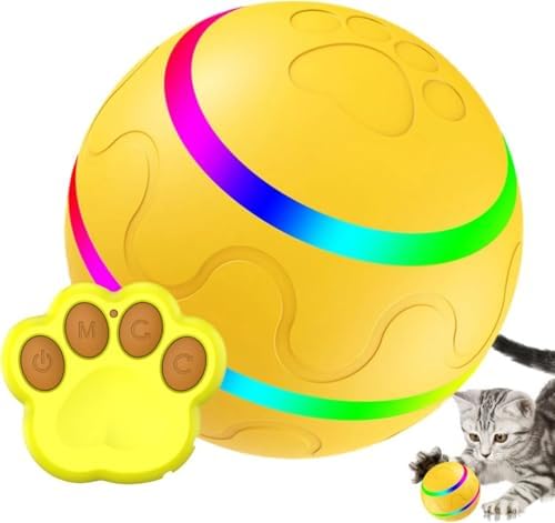 Interactive Pet Ball Toy with Remote Paw Controller, Yellow, Electronic Dog/Cat Entertainment, Self-Rolling, USB Rechargeable, LED Light-Up Pet Toy for Dogs & Puppies.