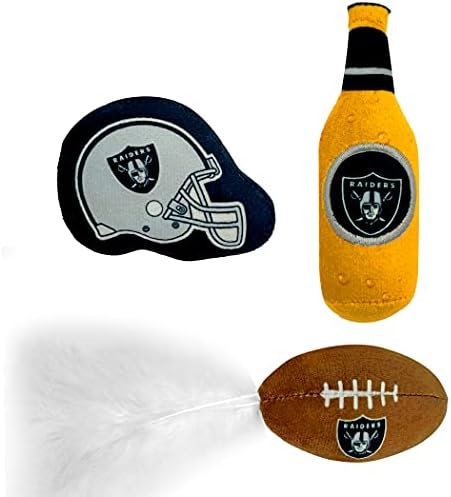 BEST PLUSH CAT TOY - NFL LAS VEGAS RAIDERS Complete Set of 3 piece Cat Toys filled with Fresh Catnip. Includes: 1 Helmet Cat Toy, 1 Football Cat Toy with Feathers & 1 Beer Bottle. Beautiful Team LOGOS