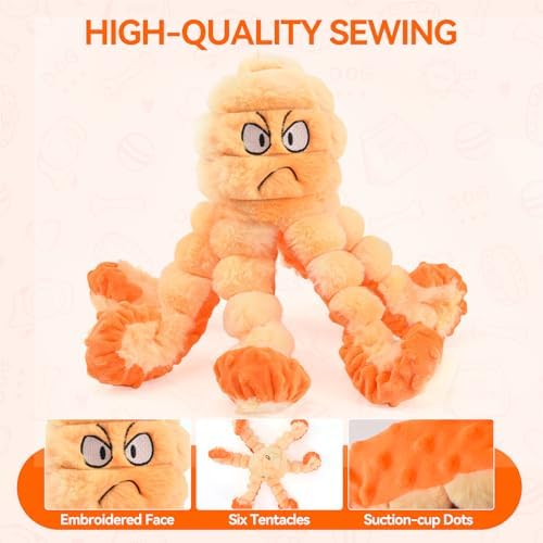 LIFLIX Squeaky Octopus Dog Toy, Large Soft Plush Toy for Indoor Dogs, Interactive Dog Toy to Keep Them Busy, Not for Aggressive Chewers, Orange