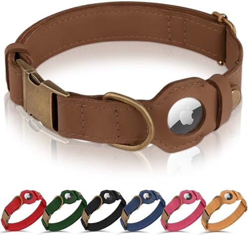 AirTag Dog Collar - Genuine Leather Dog Collar with Apple AirTag Holder and Metal Buckle - Smart GPS Tracking Pet Collars (Tawny, M, 14"-18" Neck Fit)