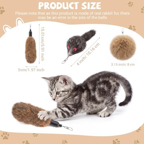 18 Pack Natural Rabbit Fur Cat Toy Refills, Mouse Tail Fur Ball Shaped Cat Toys, Interactive Cats Wand Toy Replacement Head with Secure Connector(Mouse,Tail, Pom Pom)
