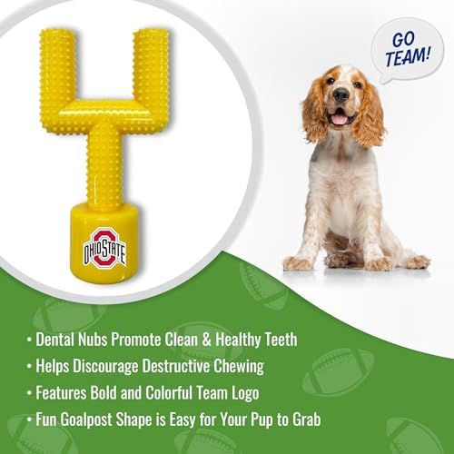 NCAA Ohio State Buckeyes Mega-Chew Hard Nylon Bacon-flavored Dog Bone Football Goal-Post Chew Toy. Interactive, Tasty & Fun Dog Chew Toy. Indestructible, Strong, Tough & Durable Pet Chew Toys