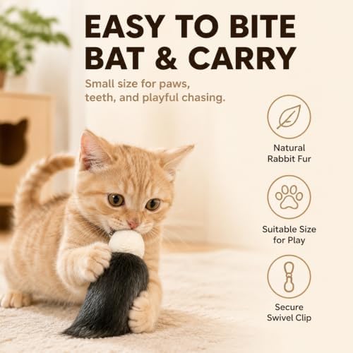 3pcs Cat Rabbit Fur Interactive Toys in Brown, Grey & White,/ Natural Fluffy Wand Attachments for Indoor Cats, Silent Handmade Replacement Heads with Secure Connector
