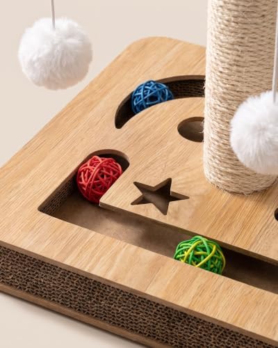 3-in-1 Interactive Cat Toy & Scratching Post - Durable Sisal Cat Scratcher with Corrugated Cardboard Base, Track Balls & Teaser Wands - Indoor Kitten Exercise Toys for Furniture Protection