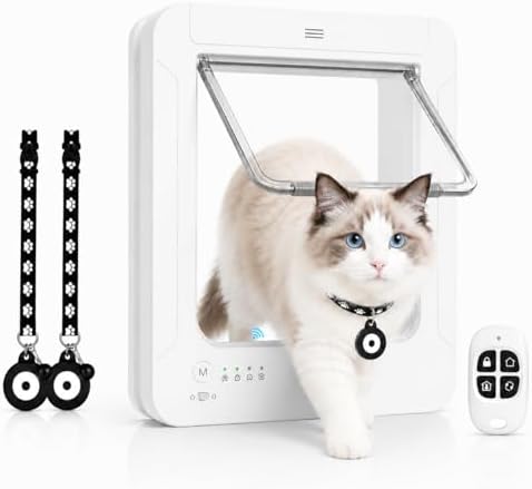 Electronic Cat Door with Selective Access, 4-Way Locking Pet Flap with Collar Key Recognition, Prevents Unwanted Pets from Entering, Includes 2 Collar Keys & Remote Control (White)