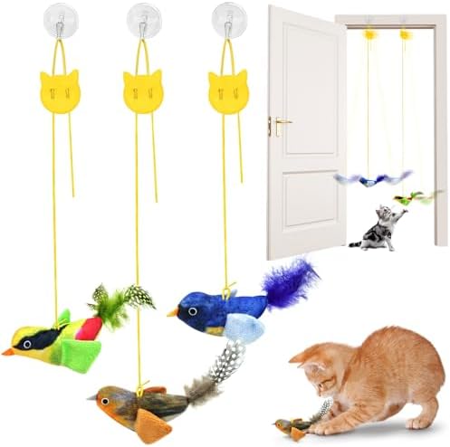 Interactive Cat Toys for Indoor Cats, 3 Pack Hanging Chirping Bird Cat Toy