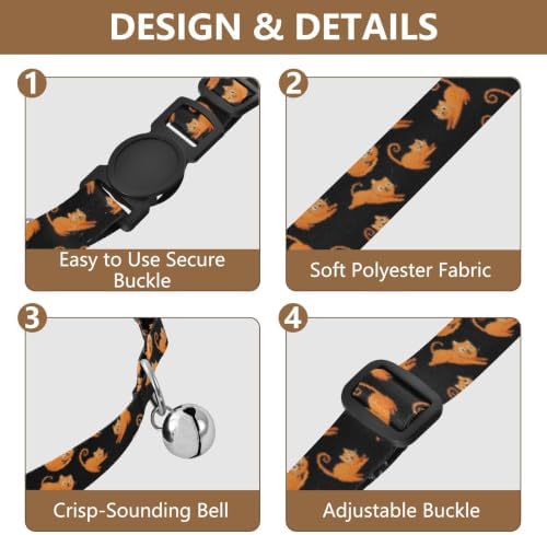 Playful Orange Cats Black Adjustable Pet Collar, 2 Pack Decorative Pet Collar with Bell