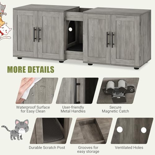Cat Litter Box Enclosure for 2 Cats,55" Large Hidden Litter Box Furniture with Barn Door & Double Rooms,Modern Indoor Pet House TV Stand Side Table,Cats Washroom,for Bedroom Living Room,Grey