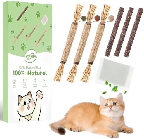 WOUSEDO 7 Pack Silvervine Sticks Cat Toy with Catnip & Matatabi Ball