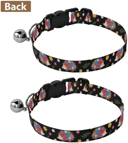Cute Hedgehogs Flowers Black Pet Collars 2 Pack Small Cat Collar Adjustable Length 10.6" to 17.1"
