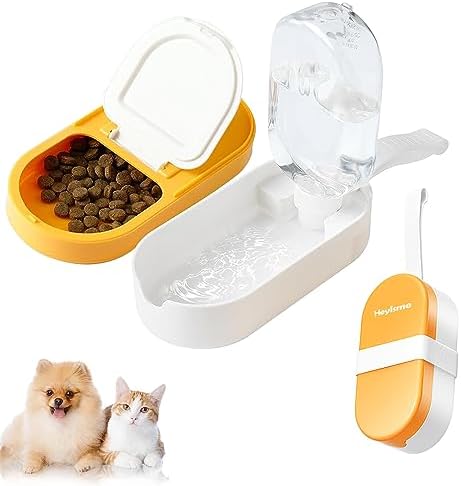 2-in-1 Dog Bowl & Water Bottle, Large Food Container for Dog Treats, Steak, Sticks, Bars - Portable Pet Dispenser for Hiking, Travel (Yellow)