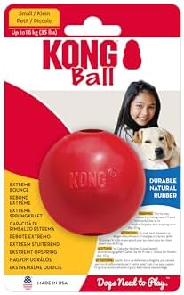 KONG Ball with Hole, Natural Rubber Fetch Toy, Red, for Small Dogs