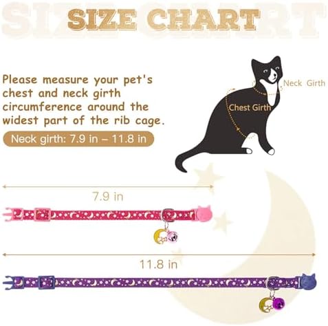 KOOLTAIL Glow in The Dark Cat Collar Breakaway with Bells,6 Pack Moonlight Cute Kitten Collars, Personalized Reflective Safety Buckle Stars&Moon Charm Pet Collars for Kitty Boys Girls, Pink Purple
