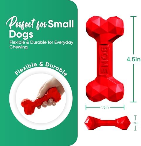 Natural Rubber Dog Toys for Small Dogs & Puppies - Durable Dental Dog Bone Toy for Indoor & Outdoor Play - Interactive Tough Teething Toy for Boredom Relief - For 25 lbs Small Dogs (Red)