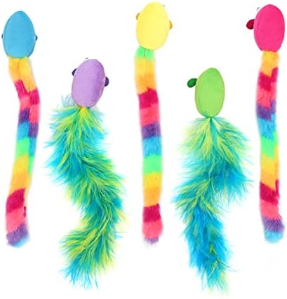 Jumpaws 5 Pack Interactive Catnip and Feather Cat Toys, Multi-Colored Mice with Long Feather Tail, Accessories for Indoor Cat, Catnip Plush Toys with Natural Feathers and Rattles