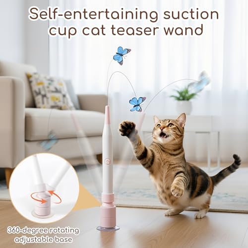 Rechargeable Automatic Cat Toy with Suction Cup, Interactive Cat Toys for Indoor Cats, Butterfly Teaser Wand for Bored Kittens, Self Play Exercise Toy