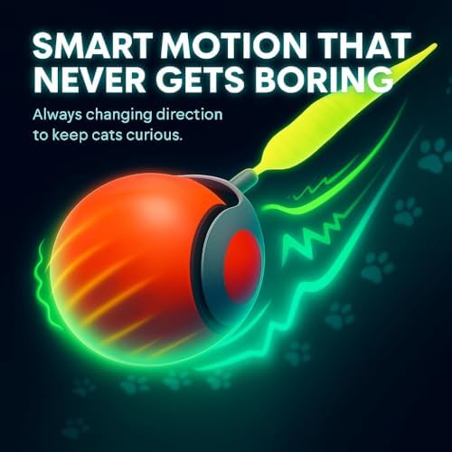 Pawvion Moving Ball Cat Toys with Feather Tail, Rechargeable 2025 New Interactive Toy for Indoor Cats Exercise, Smart Interactive Kitten Rolling Ball, Orange Color