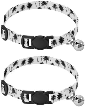 Black Palm Trees White Collar with Bell for Dog Puppy 2 Pack Kitten Collars Adjustable Length 10.6" to 17.1"