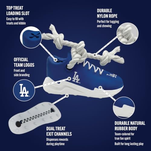 MLB Los Angeles Dodgers Cleat Sneaker Spike Dog Toy, Baseball Treat Dispenser Chew Toy for Dogs, Interactive Rope Tug Toy, Slow Feeder Natural Rubber Dog Toy with Official Team Logo