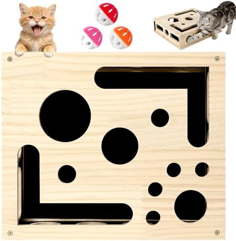 Cat Scratch Puzzle Enrichment Box, Wooden Cat Nail File Box Stress Free Alternative to Grinders, Maze Toy Box for Indoor Cats Scratching, with Sandpaper & 3 Bell Balls
