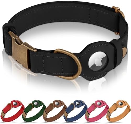 AirTag Dog Collar - Genuine Leather Dog Collar with Apple AirTag Holder and Metal Buckle - Smart GPS Tracking Pet Collars (Black, M, 14"-18" Neck Fit)
