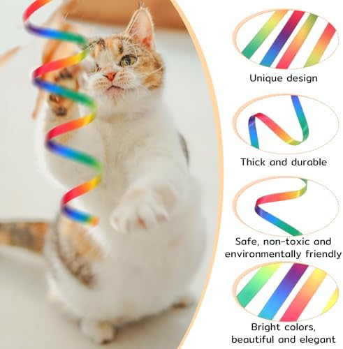 5 PCS Cat Rainbow Ribbon Toy, Detachable Cats Toy Wand Replacement Extended Cat Toys Attachments with Bell for Cats Kittens Small Pets Indoor Outdoor Exercise Play