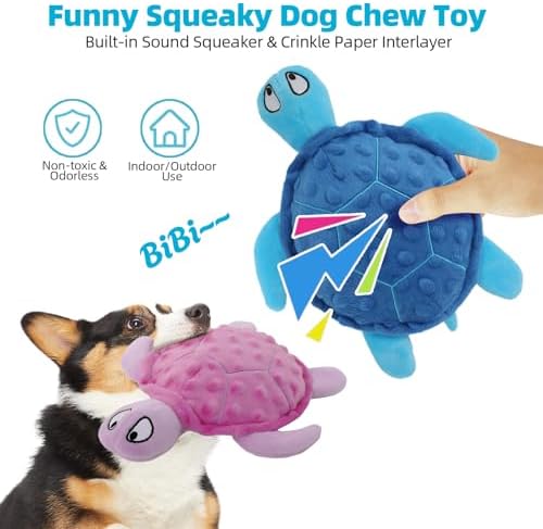 Squeaky Dog Toys, 2 Pack Plush Turtle Squeaky Toys for Dogs to Keep Them Busy, Interactive Crinkle Stuffed Dog Toys for Small to Medium Breeds Teething Training Reduce Boredom