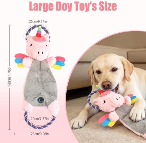 Interactive Squeaky Dog Chew Toy, Tough Plush Dog Toys for Chewers, Small, Medium & Large Dogs, Plush with Double Rope Handles for Tug of War, Mess-Free, Pink