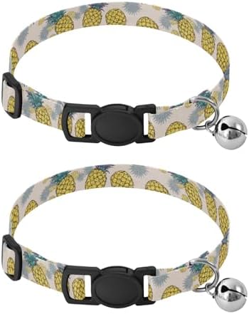 2 Pack Small Dog Collar Pineapple Leaves Beige Purple Collar with Bell for Dog Puppy, Adjustable 10.6 to 17.1 Inches