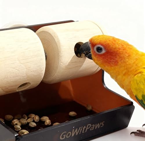 Rolling Treat Dispenser, Dual Wooden Roller Foraging Toy with Tea-Colored Acrylic Tray, Interactive Puzzle Feeder for Small and Medium Parrots