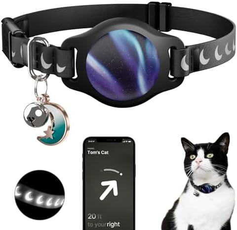 typecase Reflective Breakaway Cat Collar with AirTag Holder, Black/Blue | Black Reflective Breakaway Cat Collar With Bell And Silicone AirTag Holder; Adjustable 8-12 In; AirTag Not Included