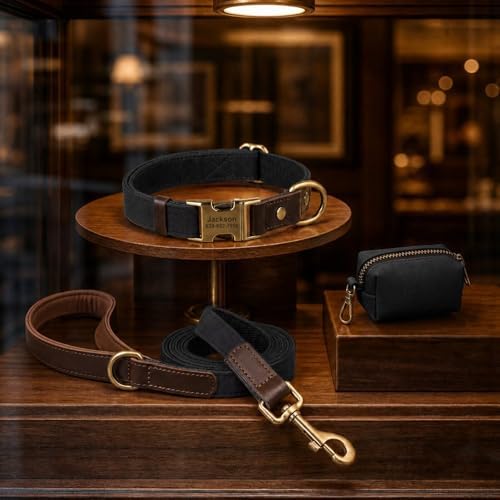 Personalized PU Leather Dog Collars,Quick Release Buckle,Black,L