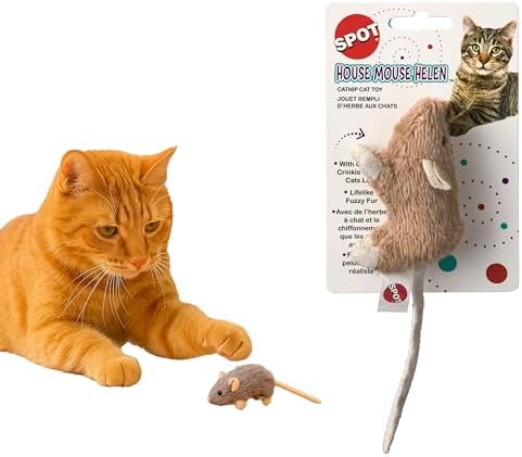 SPOT House Mouse Helen Cat Toy with Catnip – Lifelike Plush Mouse, Crinkle Sound, 4in Small Size for Kittens and Cats, Batting, Chasing, Playing – Assorted Colors
