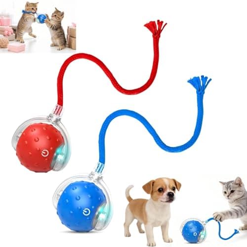 2PCS Interactive Cat Toys Ball, Tiny Fetch Interactive Dog Cat Toy Ball - 360° Automatic Scrolling with Birdsong, Smart Obstacle Avoidance, Rechargeable Boredom Buster for Pets (Blue+Red)