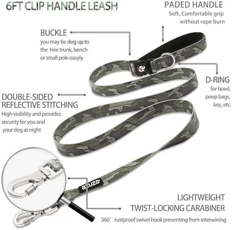 azuza Reflective Dog Collar and Leash Set with Airtag Holder, Green Camo Padded Collar with Matching Clip Handle Leash for Small Dogs